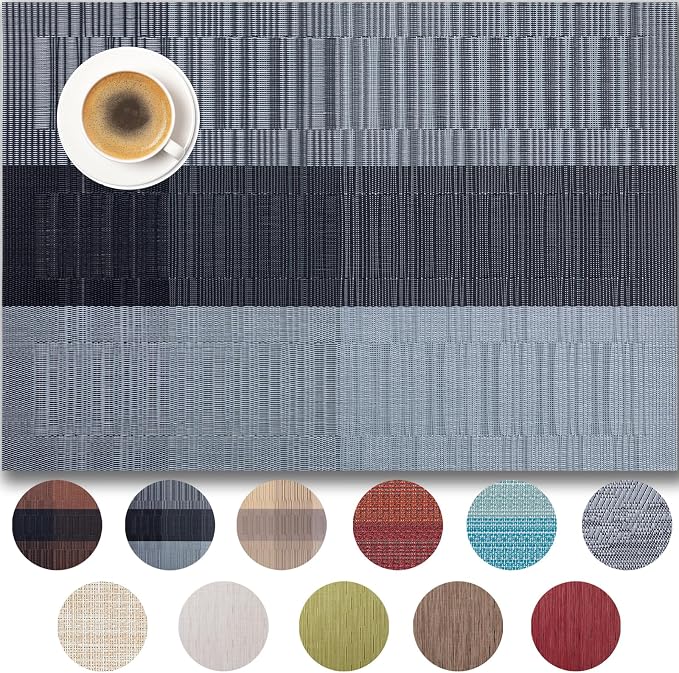 Placemats Set of 8 - Easy Clean Woven Vinyl Placemats for Dining Table, Indoor/Outdoor Place Mats, Washable PVC Table Mats （Silver Gray Black）