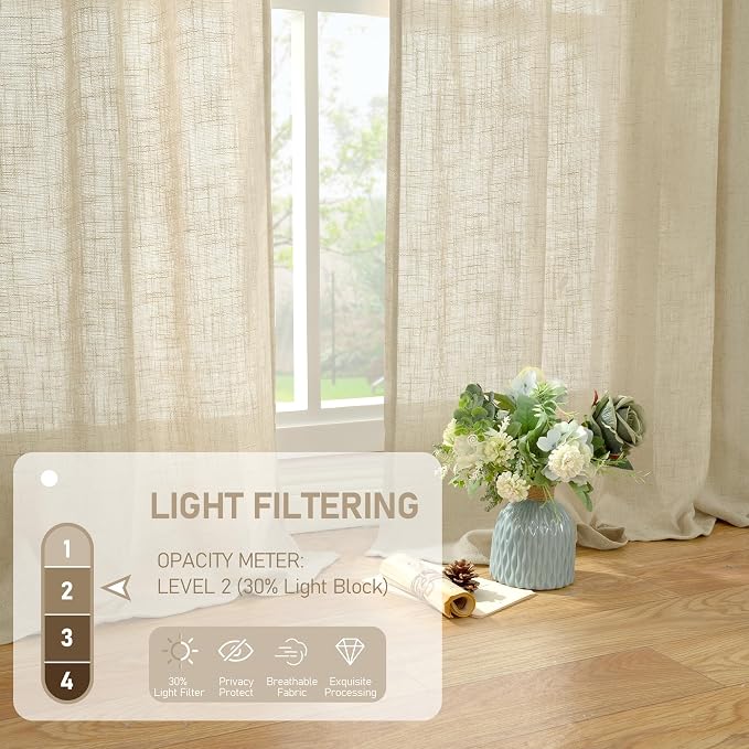 Semi Sheer Linen Curtains 96 inches Long 2 Panels Set, 52 x 96 Inch | Light Filtering, Faux Linen, Soft Thick, Floor to Ceiling Curtains for Bedroom, Living Room, Rod Pocket Back Tab, Linen