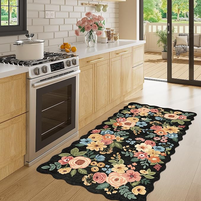 DUKINO 2x4 Rug for Entryway, Floral Washable Kitchen Rugs Non Slip, Black | Soft, Low Pile, Stain Resistant Throw Runner Rug for Hallway, Bedroom, Bathroom, Laundry, Pet Friendly, Modern Home Decor