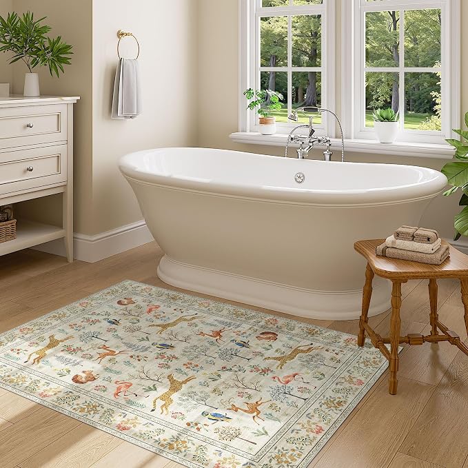 DUKINO 3x4 Rug, Washable Animal Area Rug for Entryway Non Slip, Beige | Soft, Low Pile, Stain Resistant Indoor Carpet Runner for Entryway, Kitchen, Bedroom, Bathroom, Pet Friendly, Home Decor