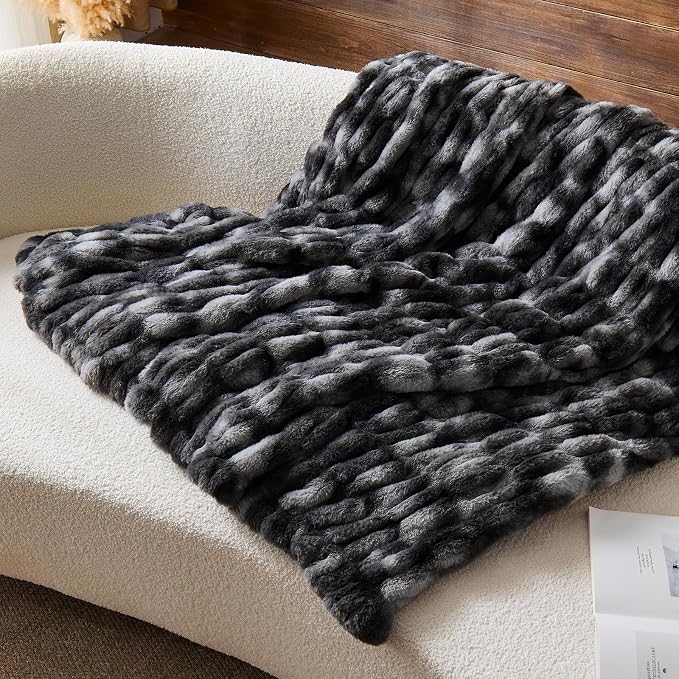 Lotus Karen Faux Fur Throw Blanket, 900 GSM Dual-Sided Soft Ruched Twin Blanket for Couch, Fluffy Cozy Fuzzy Plush Throw Gifts for Women Man Bedroom Living Room (Tie-Dye Black, 60"x80")