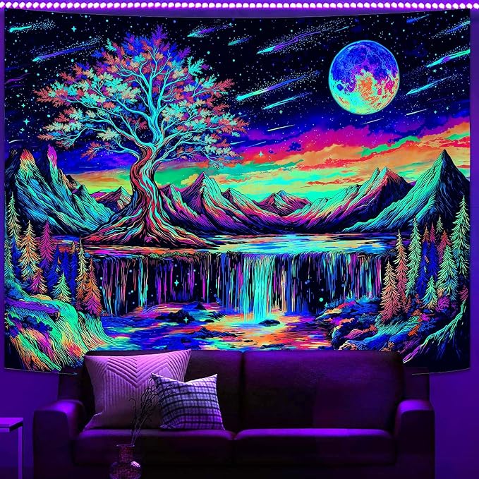 Zussun Blacklight Tree of Life Tapestry UV Reactive Moon Mountain Forest Waterfull Tapestry for Bedroom Aesthetic Nature Small Tapestries Wall Hanging for Dorm Living Room Decor 60 x 44 Inch