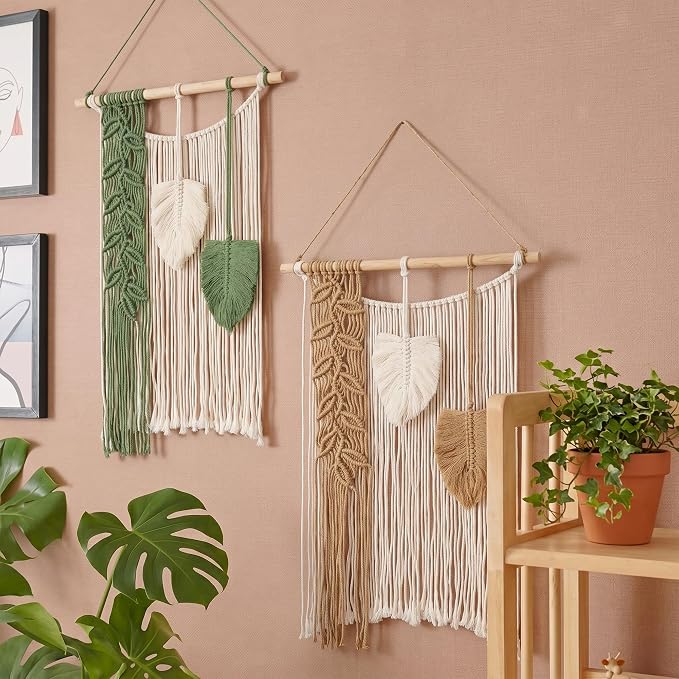 Briful Macrame Wall Hanging with Woven Feather Leaves 15.94" x 21.26"