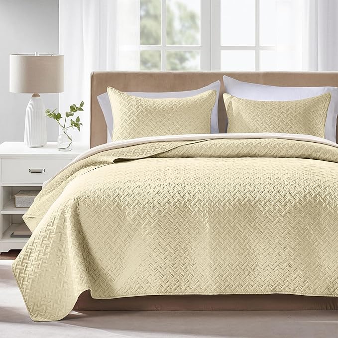 FLYMME Quilts Queen Size,Lightweight Butter Yellow Bedspreads,Basket Weave Pattern,Ultra Soft Microfiber Bed Coverlet 3 Pieces for All-Seasons (1 Quilt,2 Shams)
