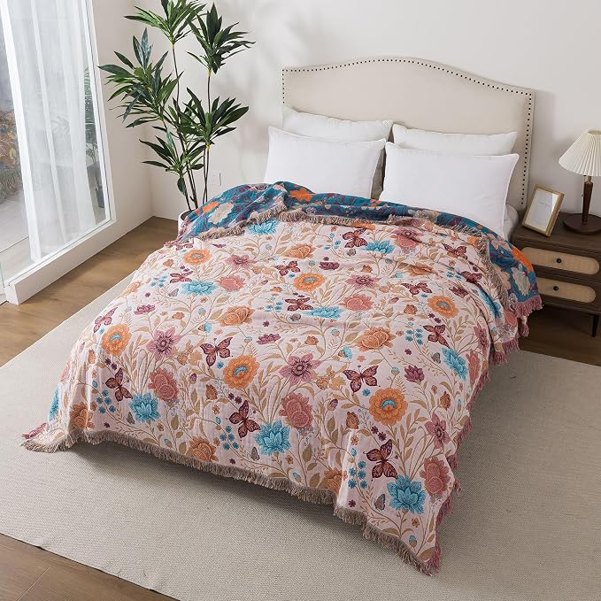 Phuryllic Boho Throw Blanket Full Size, Soft Cozy Cotton Muslin Quilt Blanket for Bed Decor, Floral Patterned Couch Sofa Chair Cover, Vintage Farmhouse Cottage Tapestry Woven Blanket, Coral&Green