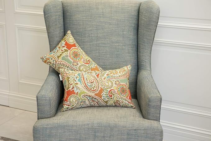 Mika Home Pack of 2 Oblong Rectangular Throw Pillow Cover Cushion Cases for Sofa Couch Chair,Paisley Pattern,12x20 Inches,Red Teal Cream Multicolor