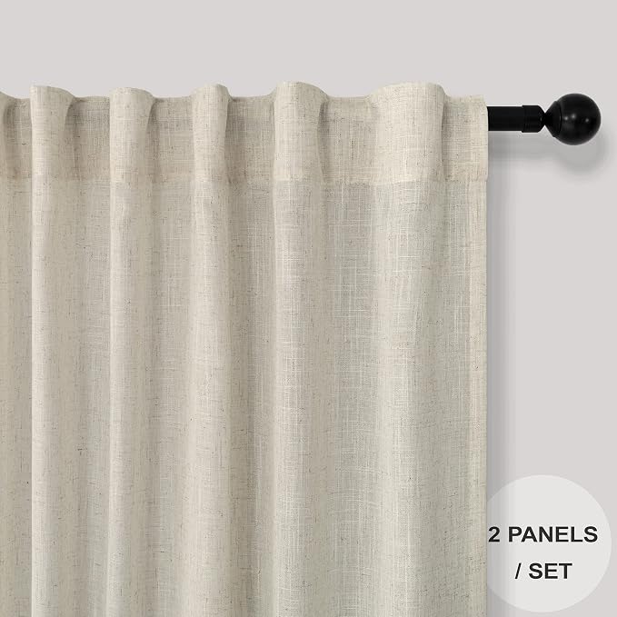 Pitalk Beige Back Tab Linen Curtains 94 Inches Long 2 Panel for Living Room Light Filtering Canvas Cloth Textured Linen Sheer Drapes Curtain for Patio Door Doorway Playroom Bay Window 52 x 94 Length