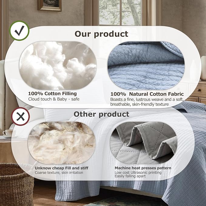 WDCOZY 100% Cotton Queen Size Quilt Set - Light Blue Striped Pick Stitch Soft Lightweight Bedspread, Textured Like Linen, Farmhouse Country Rustic Coverlet, Shabby Chic Gauze Bedding, 3 Pieces