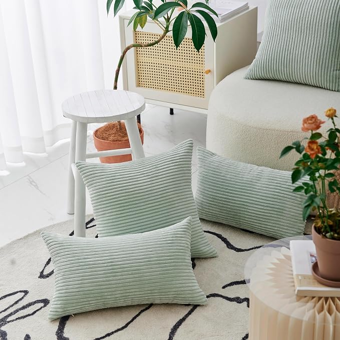 Home Brilliant Sage Green Lumbar Pillow Cover Corduroy Plush Velvet Oblong Decorative Rectangle Pillowcases for Bed Couch Sofa Summer Decor, Set of 2, 12 x 20 inches(30x50cm), Mint