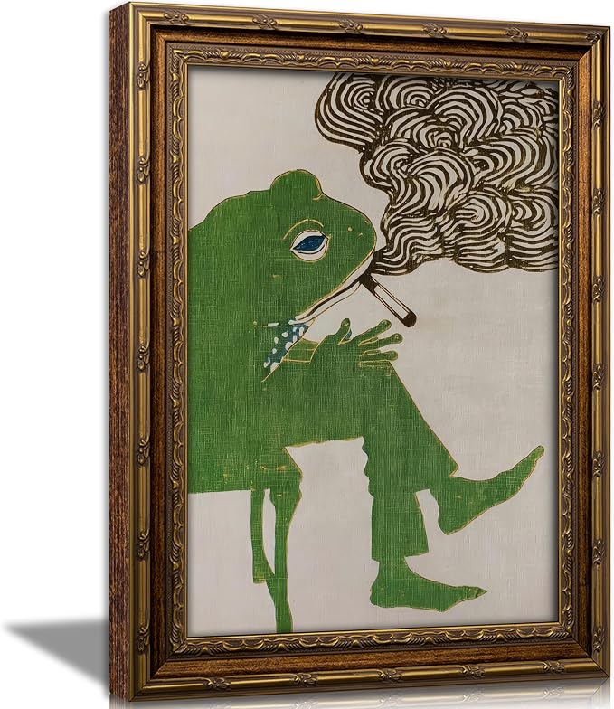 Vintage Gold Framed Bar Wall Art, Funny Green Frog Smoking Canvas Print, Abstract Whimsical Animal Painting Picture, Humor Retro Amphibian Poster Artwork for Kitchen Dining Room Living Room