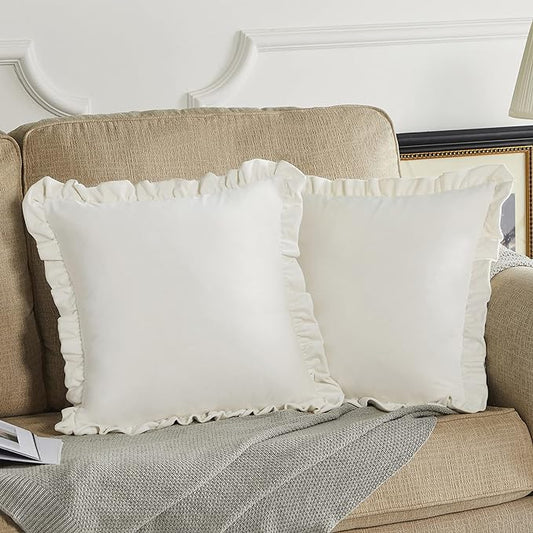 GIGIZAZA Velvet Cream 22x22 Pillow Covers, Set of 2 Decorative Ruffle Ivory Cushoin Pillow Covers for Sofa Couch