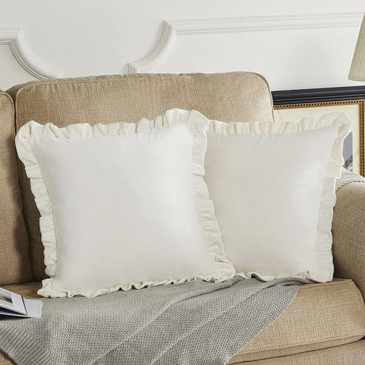 Cream Velvet Ruffle Throw Pillow Covers 16x16 Inch Set of 2 Ivory
