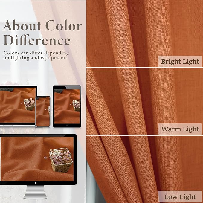 Burnt Orange Curtains 120 Inches Long for Living Room 2 Panel Set Back Tab Pocket Draperies Soft Linen Lightweight Light Filtering Semi Sheer Red Dark Orange Curtain for Dining Room Sliding Door 10 FT