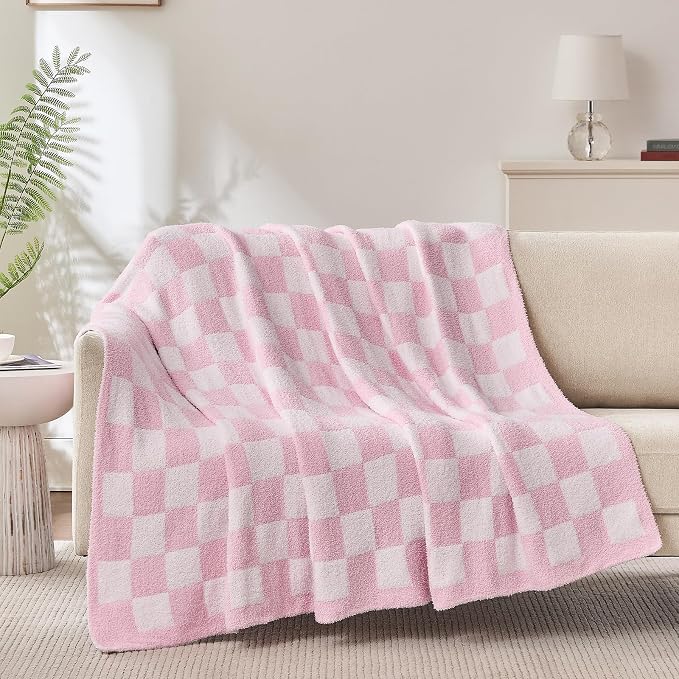Checkered Throw Blanket for Couch, Soft Cozy Warm Knitted Blankets | Lightweight Fuzzy Travel Warm Decor for Women, Mom, Girls, Sofa, Chair, 50x70in, Pink