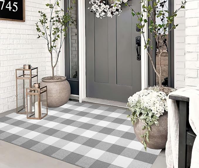 Grey and White Outdoor Rug 3'x5'Buffalo Plaid Checkered Front Porch Rug Machine Washable Farmhouse Front Door Mat Outdoor for Front Hello Welcome Mat,Bedroom,Entryway,Patio