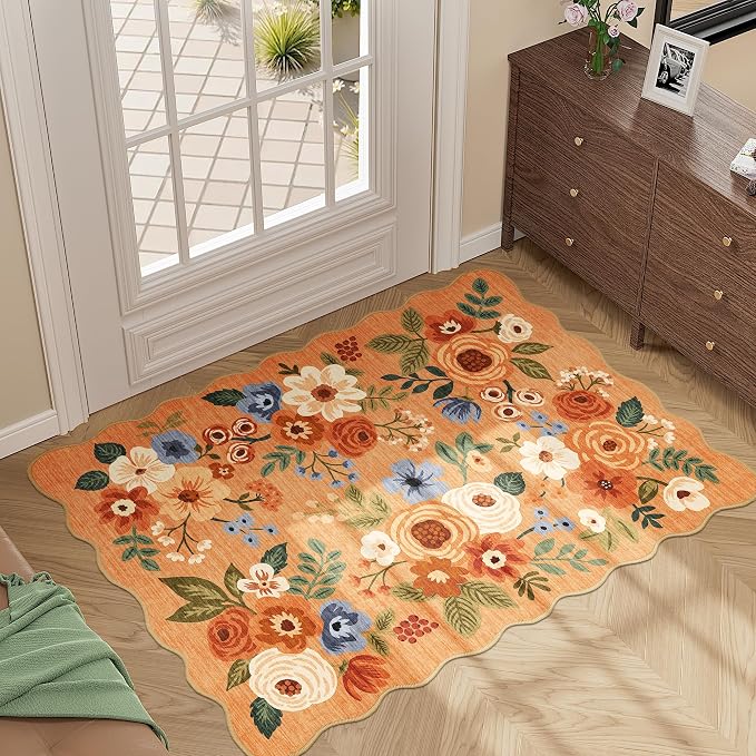 DUKINO 2x3 Rugs for Entryway, Floral Door Mat Washable Kitchen Rugs, Orange | Non Slip, Low Pile, Soft Small Rugs for Entrance, Bedroom, Bathroom, Laundry, Pet Friendly, Non-Shedding, Modern Home Decor