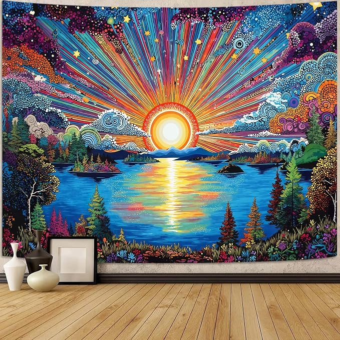 Zussun Hippie Sun Tapestry Boho Vintage Sunrise Nature Tree Lake Wall Tapestry for Bedroom Aesthetic Colorful Landscape Large Tapestries Wall Hanging for Dorm Living Room Decor 80 x 60 Inch
