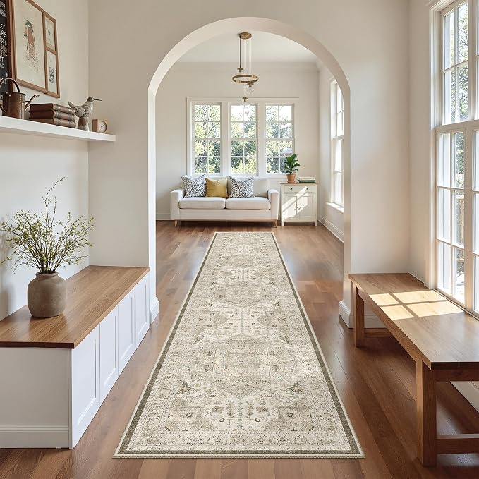 Madane Washable Runner Rugs 2x12 Long for Hallway Kitchen Soft, Ivory/Brown | Non-Slip Vintage Printed 12ft Rug Runners with Rubber Backing, Low-Pile Floor Carpet Laundry Room Entryway, Corridor