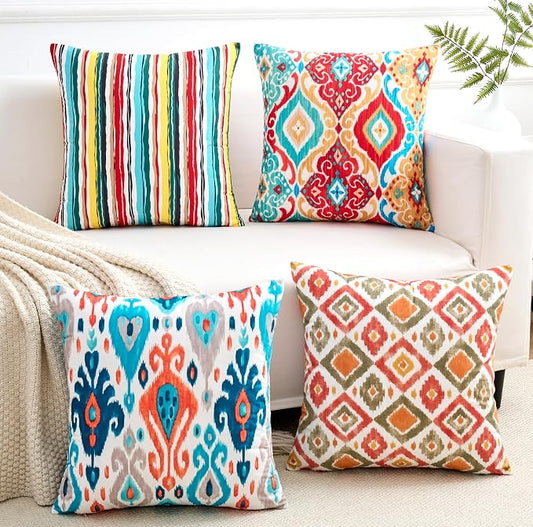 Boho Throw Pillow Covers 18x18 Set of 4 Colorful Ikat Geometric Decorative Cushion Covers with Hidden Zipper Soft Polyester Double Sided Print Machine Washable, No Inserts