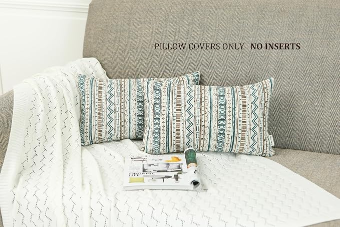 Mika Home Pack of 2 Oblong Pillow Covers,Striped,12x20 Inches, Green Taupe | Lumbar Pillow Cases for Sofa Couch Living Room, Bohemian Striped Geometric Pattern