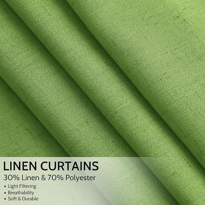 Lime Green Linen Blend Light Filtering Back Tab Curtains 108 Inches Long, Semi Sheer Privacy Drapes for Living Room & Bedroom, 52x108 inch, 2 Panels