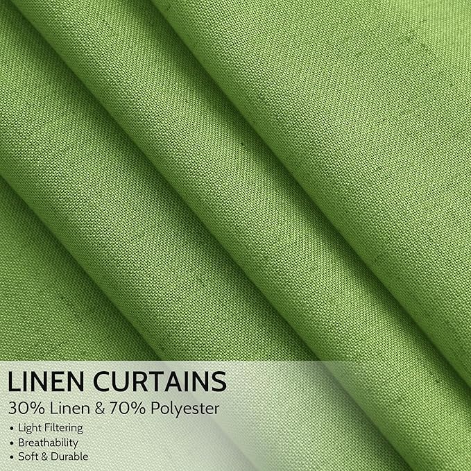 Lime Green Linen Blend Light Filtering Back Tab Curtains 102 Inches Long, Semi Sheer Privacy Drapes for Living Room & Bedroom, 52x102 inch, 2 Panels