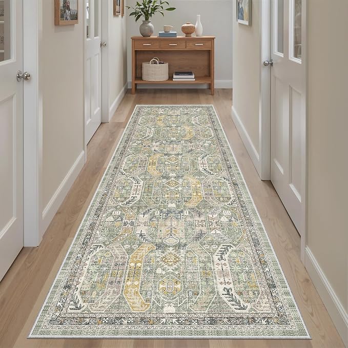 Madane Kitchen Runner 2'6''x8' Soft Rug Runners for Hallways, Green/Gold | Vintage Machine Washable Printed Rugs 2.5x8 Ft, Non-Slip Low Pile Stain-Resistant 8ft Floor Carpet for Laundry Room, Corridor