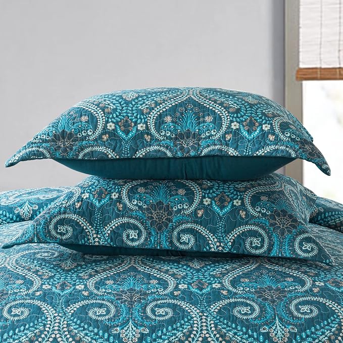 NEWLAKE Cotton Bedspread Quilt Sets-Reversible Patchwork Coverlet Set, Turquoise Classic Royal Pattern, Queen Size