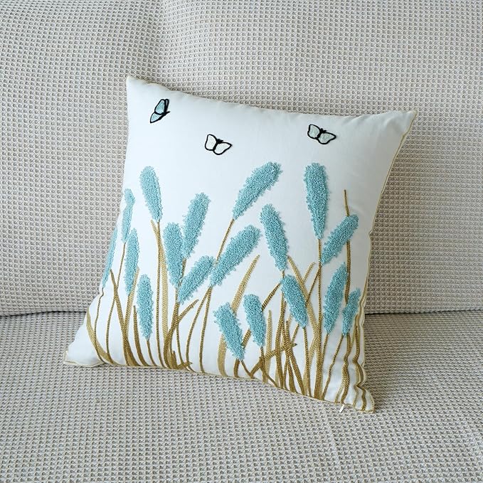 vctops Farmhouse Pampas Grass Cotton Tufted Throw Pillow Cover Boho Embroidery Pillowcase Soft Square Cushion Case for Sofa Couch Bed Chair (Blue C,18"x18")