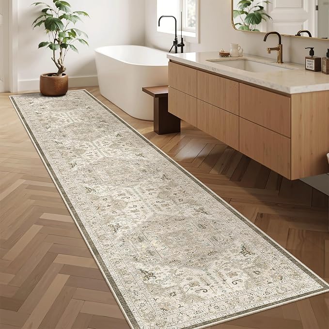 Madane Washable Runner Rugs 2x10 Long for Hallway Kitchen, Ivory/Brown | Non-Slip Low-Pile 10ft Rug Runners Soft, Stain-Resistant Floor Carpet Mat for Entrance, Living Dining Laundry Room, Stair