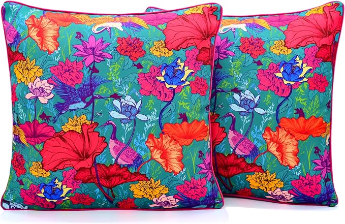 Balios Velvet Pillow Covers Cases 18 x 18 Inch, Set of 2, Double-Layered Decorative Cushion Covers 45 x 45 cm for Sofa Couch Bedroom Living Room, Magical Nature Multicoloured Teal