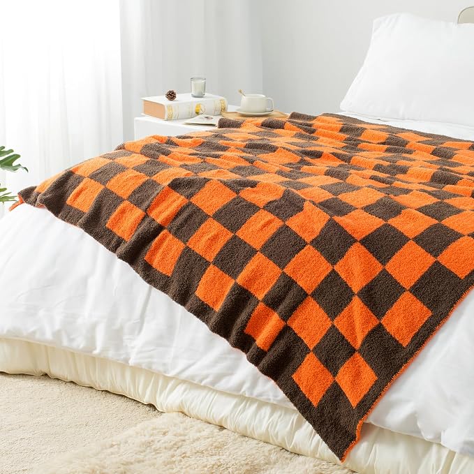 Carriediosa Checkered Throw Blanket 50x60, 400GSM Ultra Soft Microfiber | Orange, Fuzzy Fluffy Cozy Plush Knit Knitted Plaid Checker, Lightweight Cute Preppy Fall Blankets & Throws for Couch, Bed