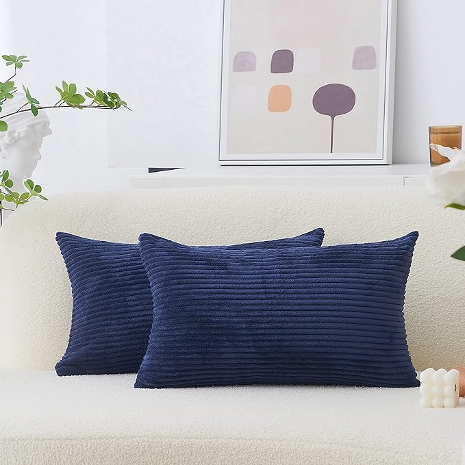 Home Brilliant Throw Pillow Covers 12x20 Decorative Plush Striped Velvet Corduroy Oblong Rectangular Accent Cushion Cover, 12 x 20 inch, Navy Blue