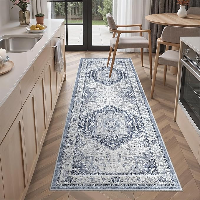 Madane Washable Runner Rug 2x6 Runners for Hallways Non Slip, Navy/White | Vintage Stain-Resistant 6 Feet Kitchen Rug, Soft Low-Pile Ultra-Thin Floor Carpet Mat for Bathroom Laundry Room Bedroom 2x6ft