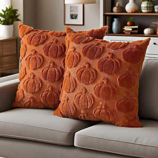Fall Decorations for Home,Fall Throw Pillow Covers 18"x18" Set of 2, Caramel Farmhouse Thanksgiving Pumpkin Pillows Decorative, Faux Fur Pillow Covers for Couch Bed Room