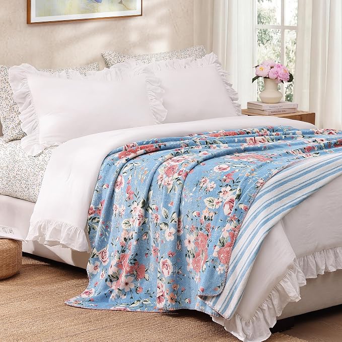 Floral Reversible Throw Blanket for Couch-Coco Flannel Soft Bed Blankets | Luxuriously Warm Fluffy Decor for Women, Mom, Her & Girls, Plush Throw for Sofa, Chair, 60x80in, Red Rose