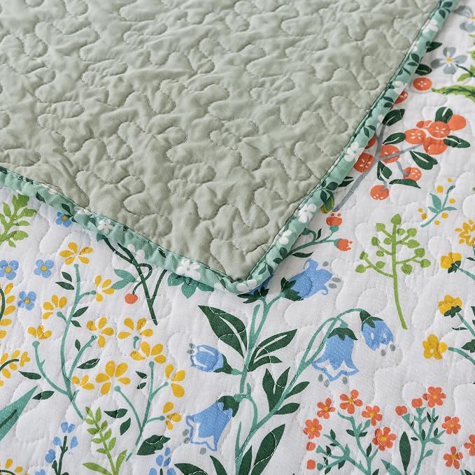 NEWLAKE Cotton Bedspread Quilt Sets-Reversible Patchwork Coverlet Set, Green Classic Floral Pattern, California King Size