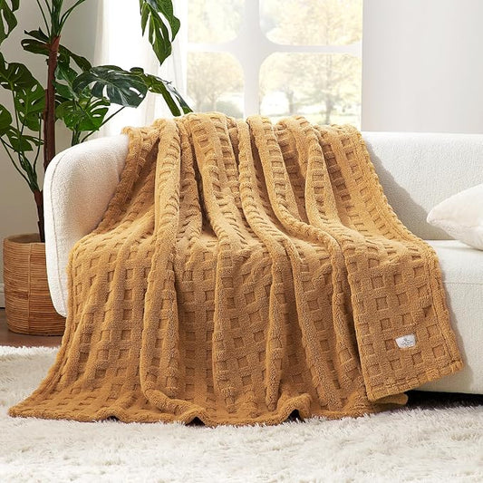 Cozy Bliss Ultrasoft Waffle Throw Blanket, Fluffy Cute Plush Blanket for Couch, Bed, Modern Home Accent, Portable for Picnic or Outdoor, Brown, 50"x60"