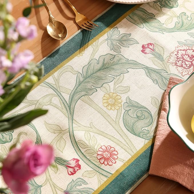 Patdrea Designer Vintage French Linen Table Runner,12"X71"-Cecilia A | Tablerunner 71 Inches Long,Green Floral Print,Decorative Runner for Dining Room Living Room Banquet,Tassel Edge