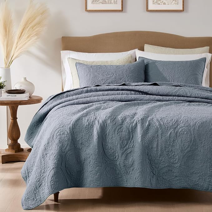 palassio Dusty Blue Paisley 100% Cotton Quilt Twin Size Bedding Sets with 1 Pillow Sham, Boho Floral Lightweight Farmhouse Country Vintage Soft Bedspread Shabby Chic Coverlet for All Season, 2 Pieces