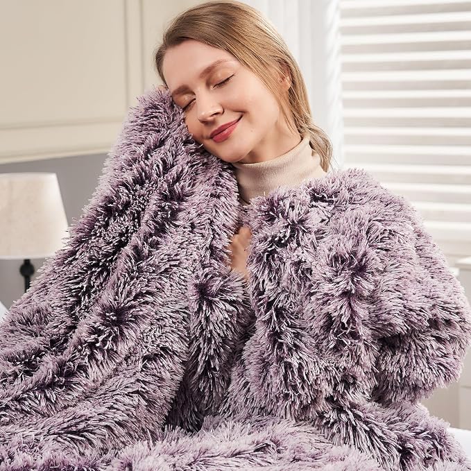 GONAAP Fuzzy Faux Fur Twin Blanket for Couch, Frosty Purple, 60"x80" | Warm Cozy Plush Shaggy Decorative Reversible Thick Non-Heated Fleece Blanket for Sofa Bed, Gift for Women Men, All Season Use