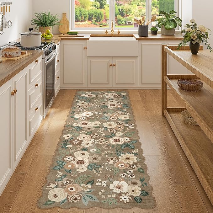 DUKINO 2x6 Runner Rug, Floral Washable Rug for Kitchen, Light Taupe | Soft, Low Pile, Non-Shedding Long Runner Rugs for Kitchen, Entryway, Bedroom, Bathroom, Pet Friendly, Home Decor, Ultra-Thin