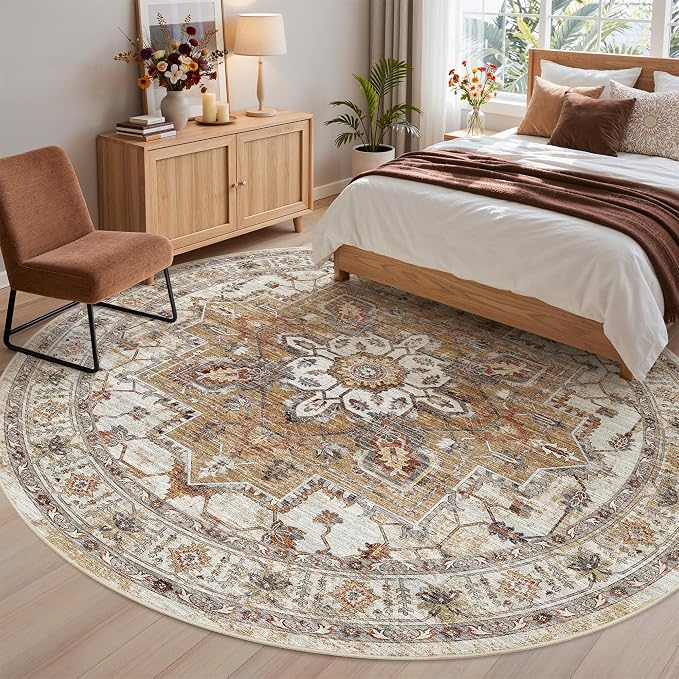 Madane Washable 9ft Circle Round Rug, 9x9 Circular Area Rugs, Turmeric/Grey | Non-Slip Vintage Floor Carpet for Living Room Dining Room, Low Pile Home Decor Mat For Bedroom Office Under Table