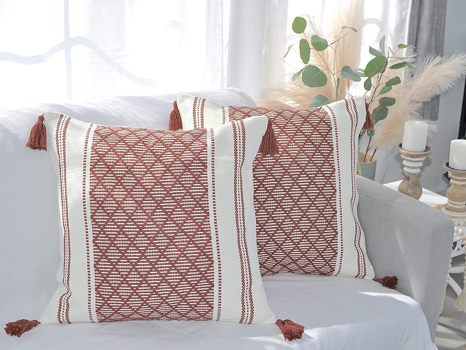 Decorative Boho Throw Pillow Covers with Tassels (Maroon & Off White, 20x20 inch - Pack of 2) / Designer Cushion Covers for Sofa, Bed/Farmhouse Accent Cotton Woven Pillow Cases Burgundy