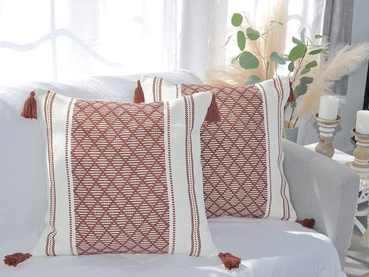 Decorative Boho Throw Pillow Covers with Tassels (Maroon & Off White, 20x20 inch - Pack of 2) / Designer Cushion Covers for Sofa, Bed/Farmhouse Accent Cotton Woven Pillow Cases Burgundy