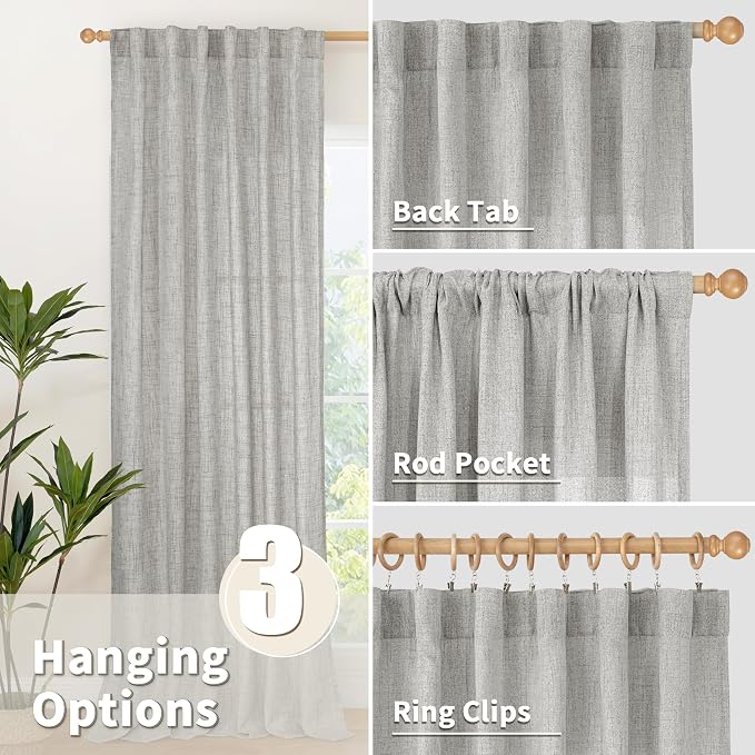 YoungsTex Dark Grey Linen Semi Sheer Curtains 2 Panels for Living Room | Light Filtering Window Treatments Textured Privacy with Back Tab Rod Pocket for Dining Bedroom, 52 X 72 Inch