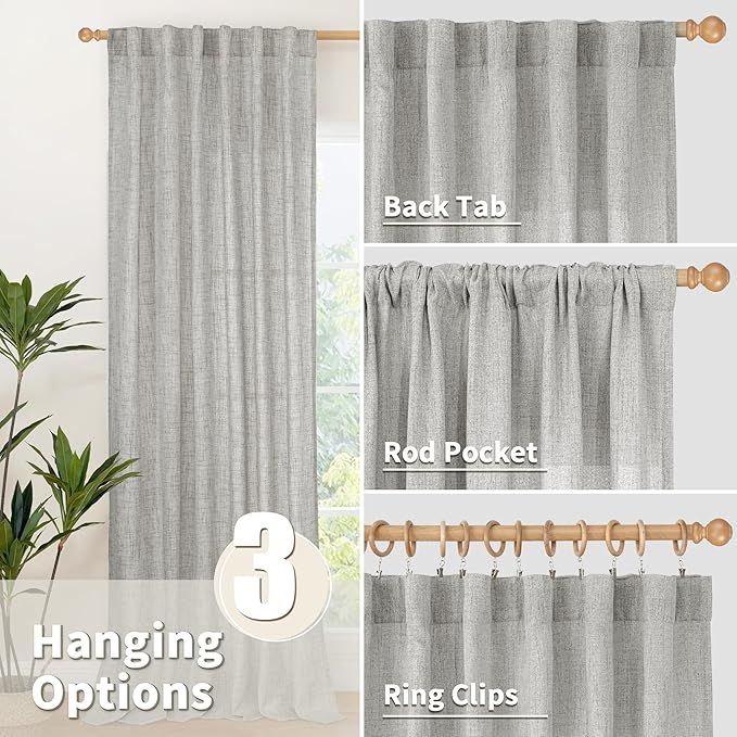YoungsTex Dark Grey Linen Curtains 78 Inch Length for Living Room, Light Filtering Semi Sheer Window Drapes Rod Pocket Back Tab Curtain for Bedroom Office Farmhouse Country, 2 Panels, 52 X 78 Inch