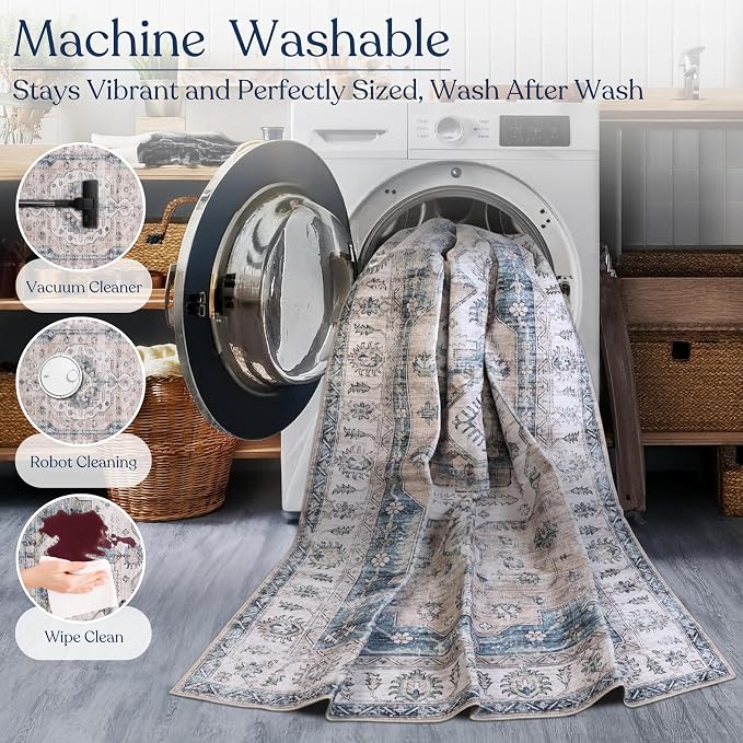 Machine Washable Area Rug, Soft & Durable, Non-Slip, Stain Resistant Rug for Bedroom, Living Room, Dining Room, High Traffic Areas. (Light Blue/Ivory, 2.5' X 7')