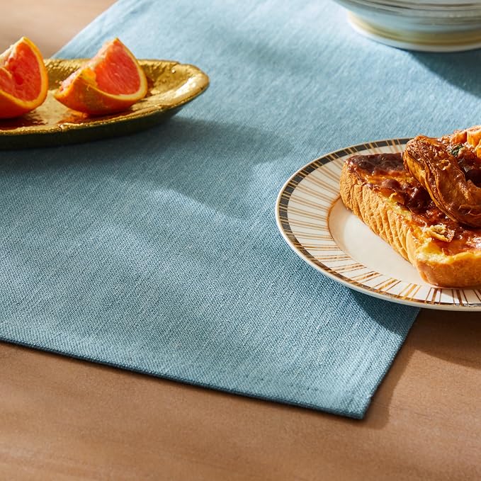 ZeeMart Rustic Cotton Linen Table Runner, 13x60 Inches River Blue | Farmhouse Style Linen Table Runners 60 Inches Long, Washable Kitchen Dining Table Decoration for Home Party Decor