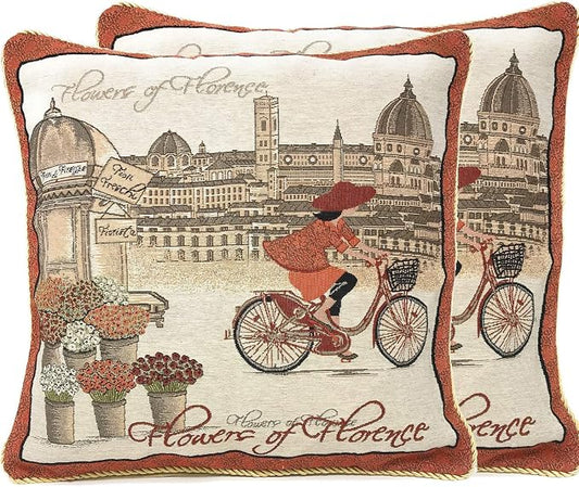 Tache Orange Burgundy Tapestry Throw Pillow Cover - Flowers of Florence- 18 Inch Square Vintage French Girl on a Bicycle- 2 Piece
